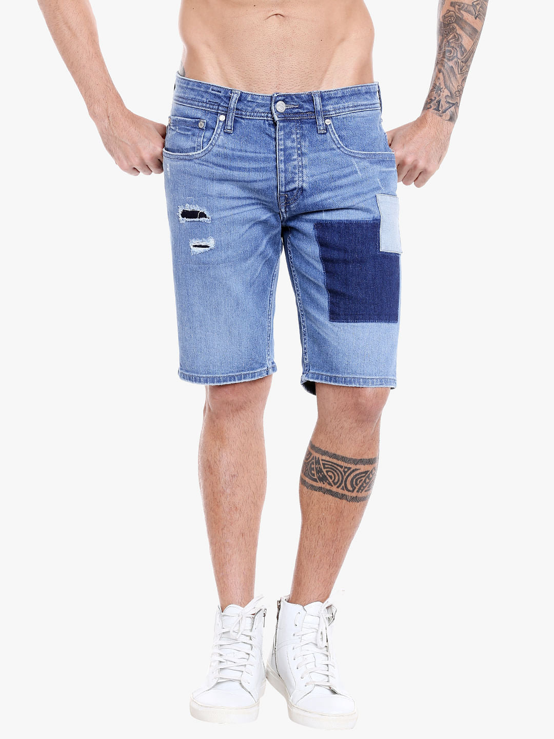 Light Blue Denim Patchwork Shorts - S