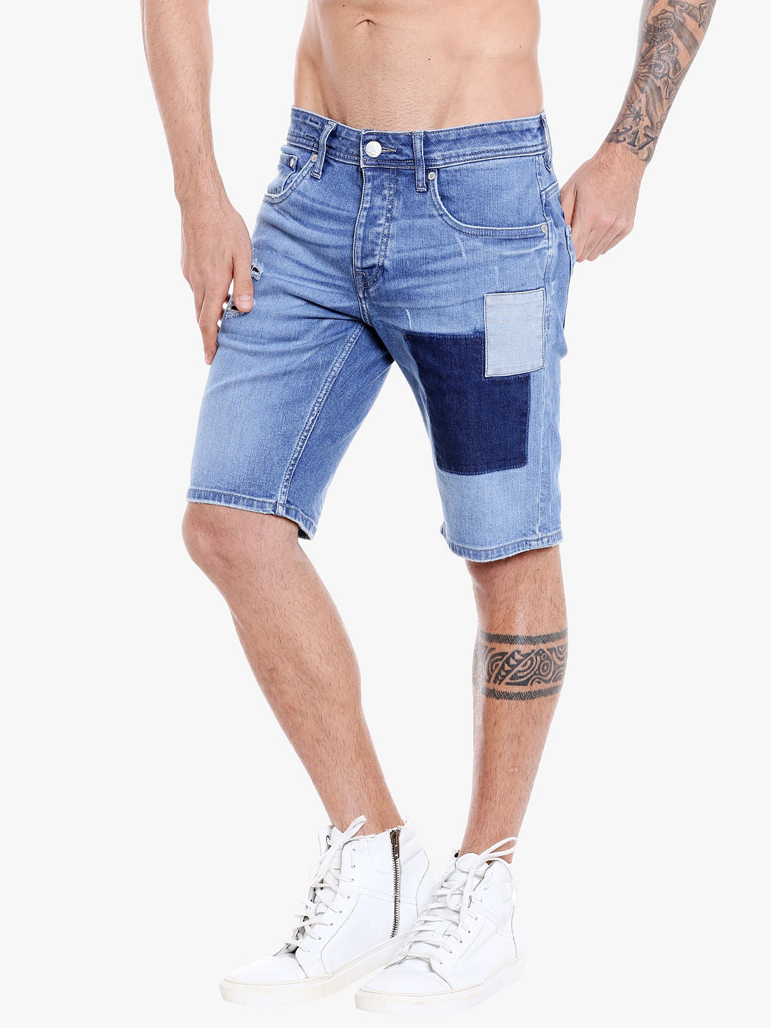 Light Blue Denim Patchwork Shorts