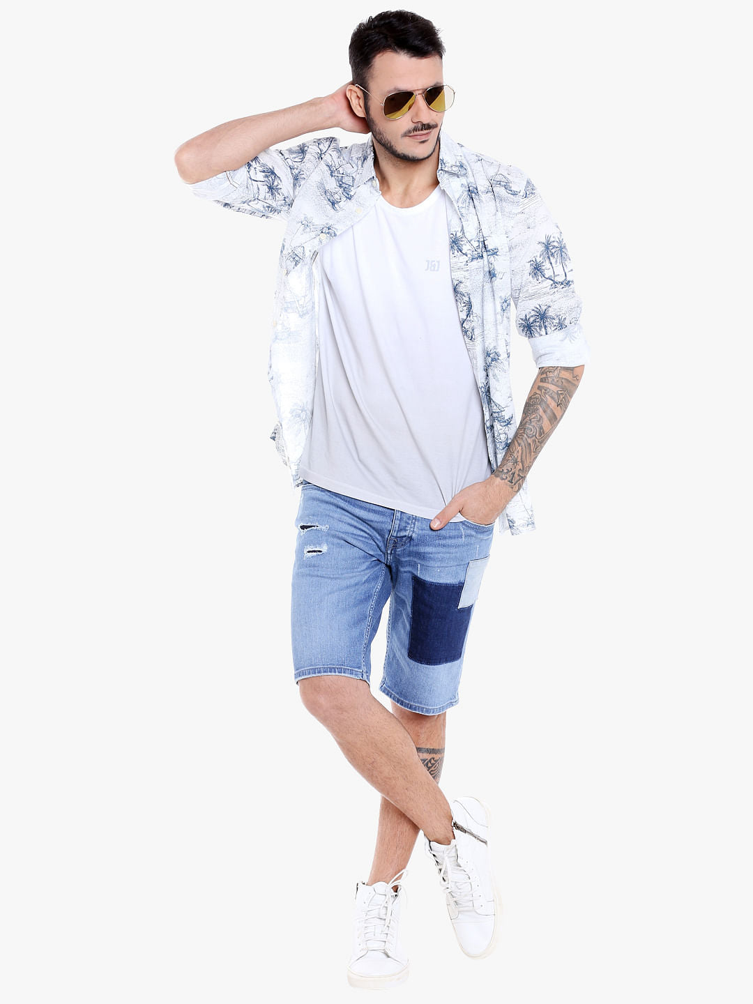 Light Blue Denim Patchwork Shorts