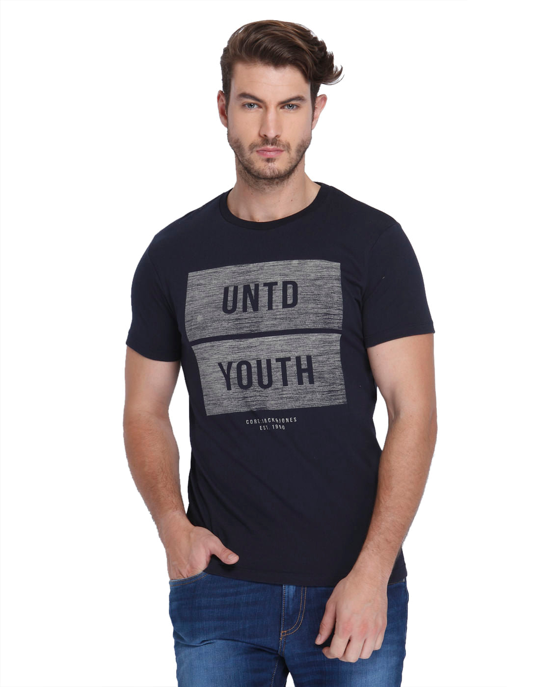 Dark Blue Graphic Print Crew Neck T-Shirt - S