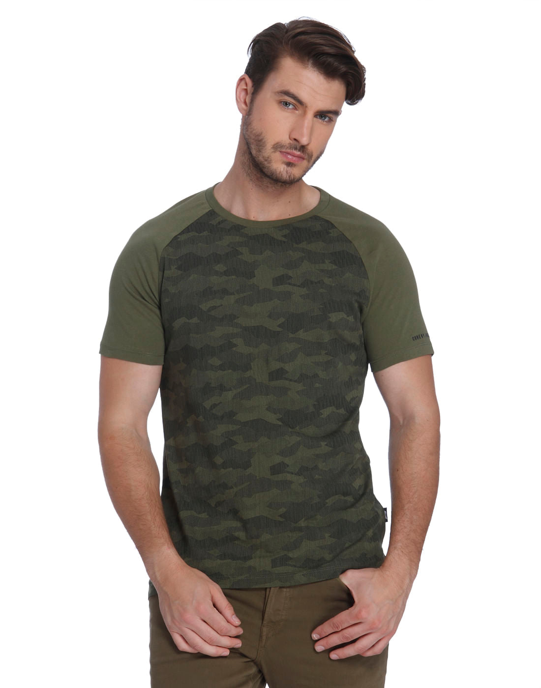 Olive Camo Print Crew Neck T-Shirt - S