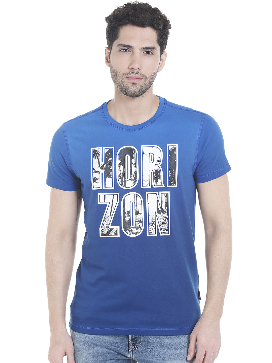 Blue Graphic Print Crew Neck T-Shirt - S