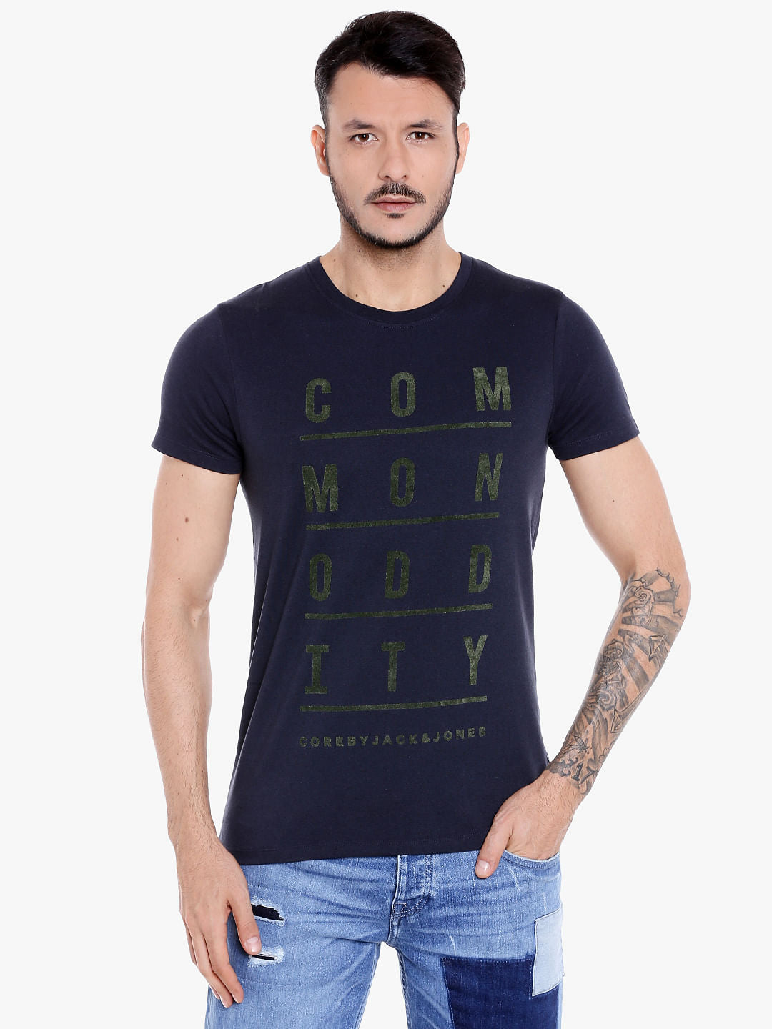 Dark Blue Slogan Print Crew Neck T-Shirt - S