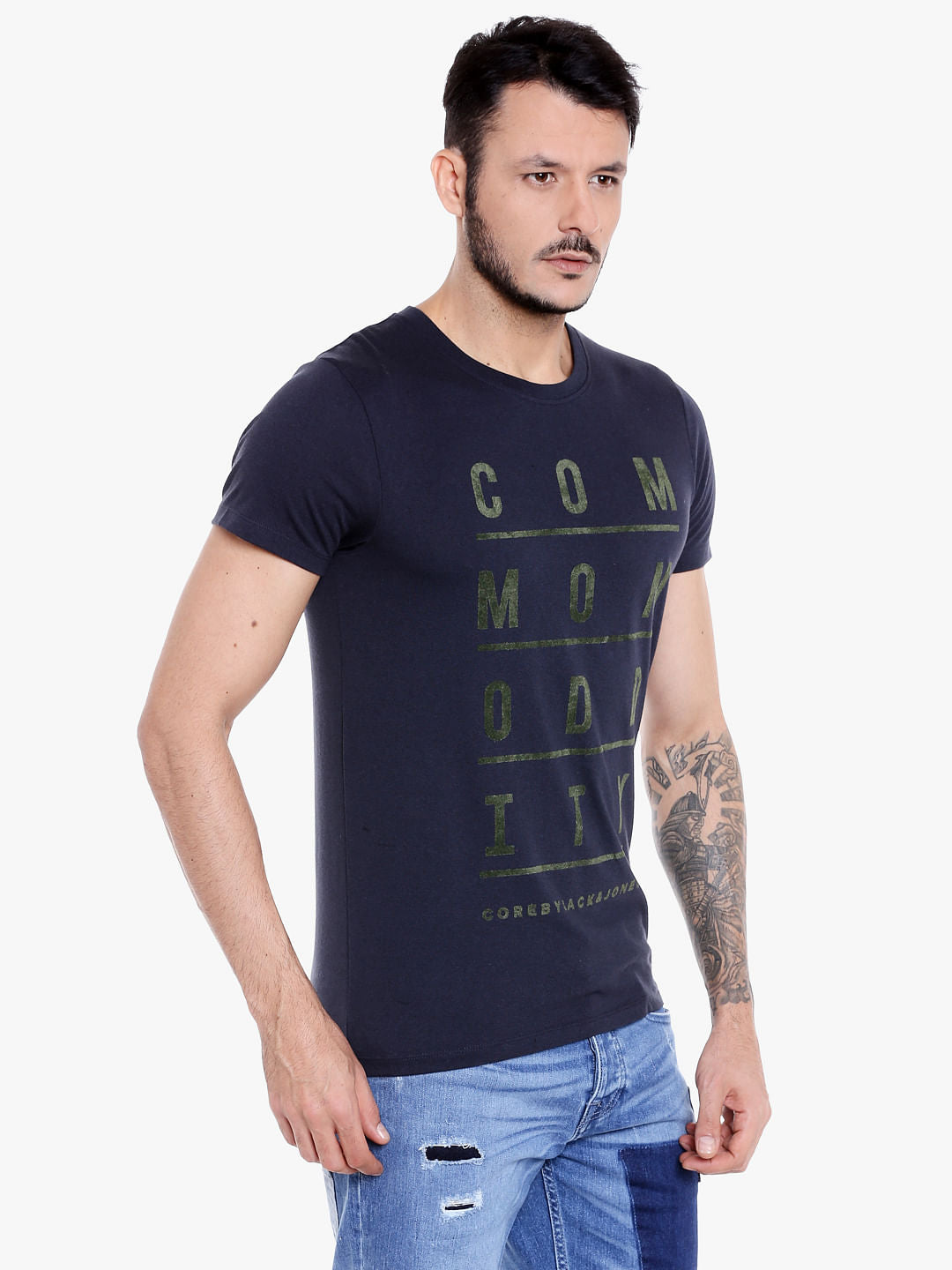 Dark Blue Slogan Print Crew Neck T-Shirt