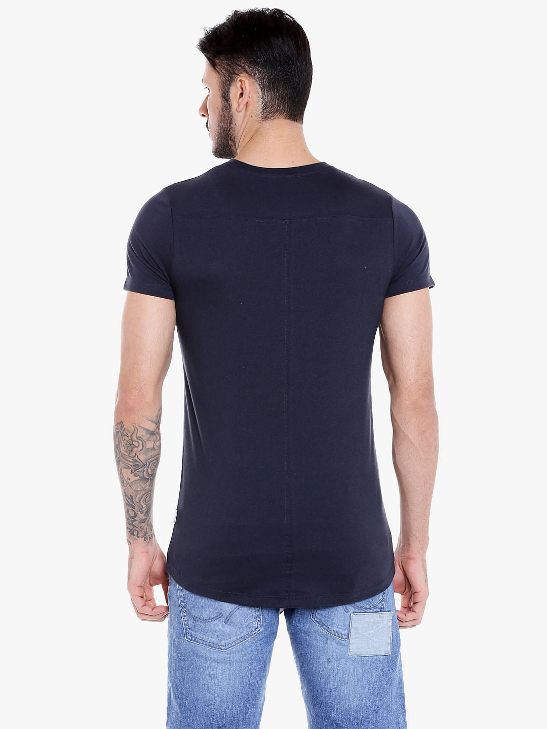 Dark Blue Slogan Print Crew Neck T-Shirt