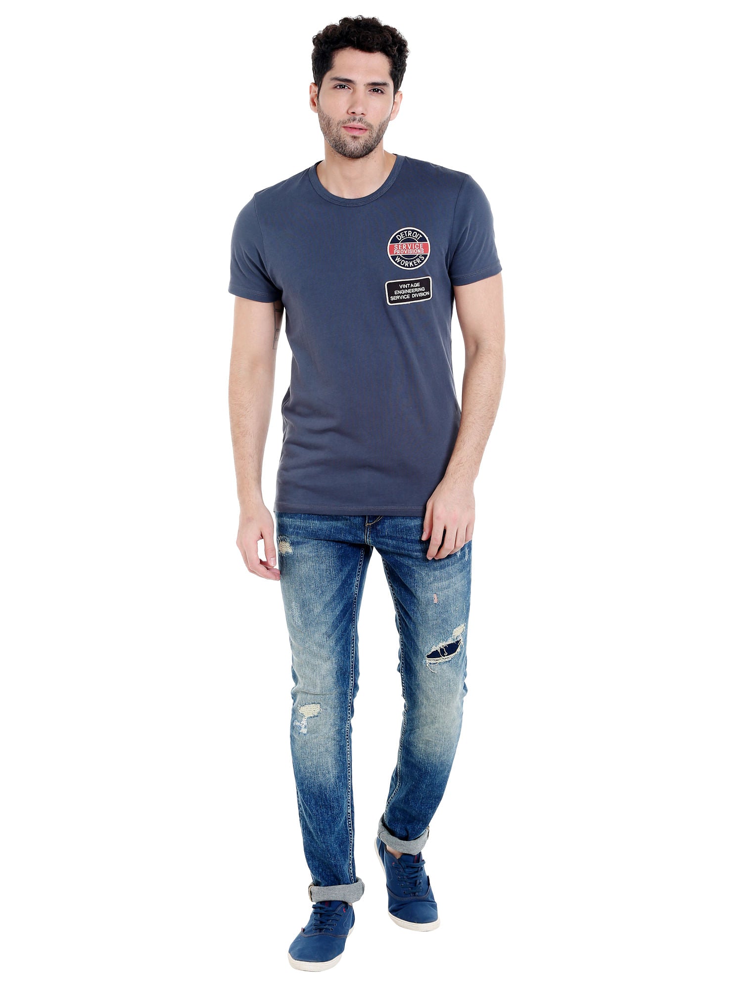 Blue Badge Print Crew Neck T-Shirt
