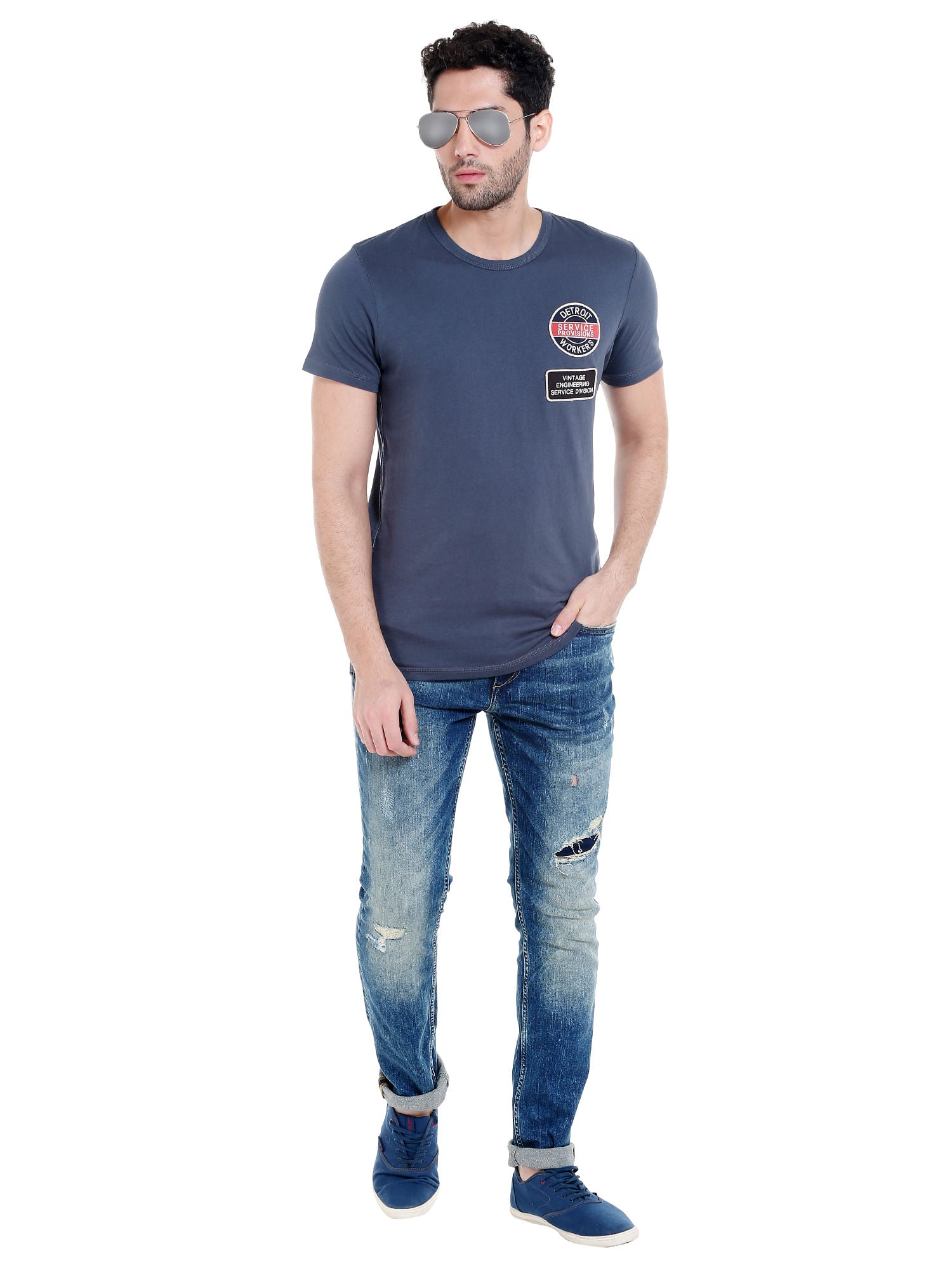 Blue Badge Print Crew Neck T-Shirt