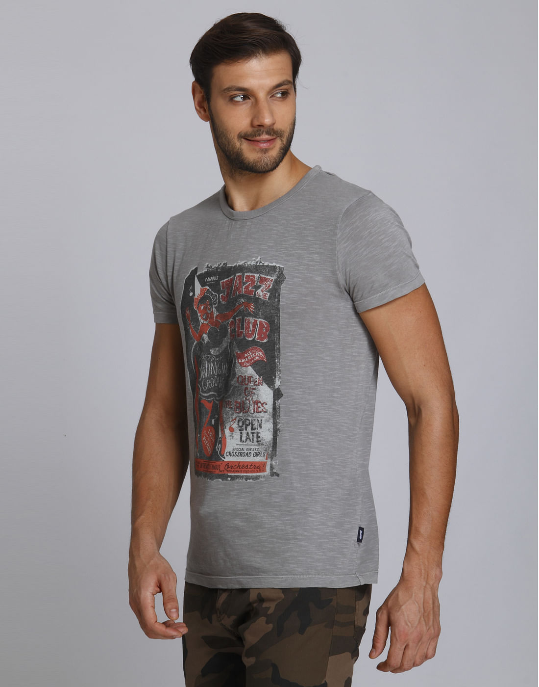 Grey Graphic Print Crew Neck T-Shirt