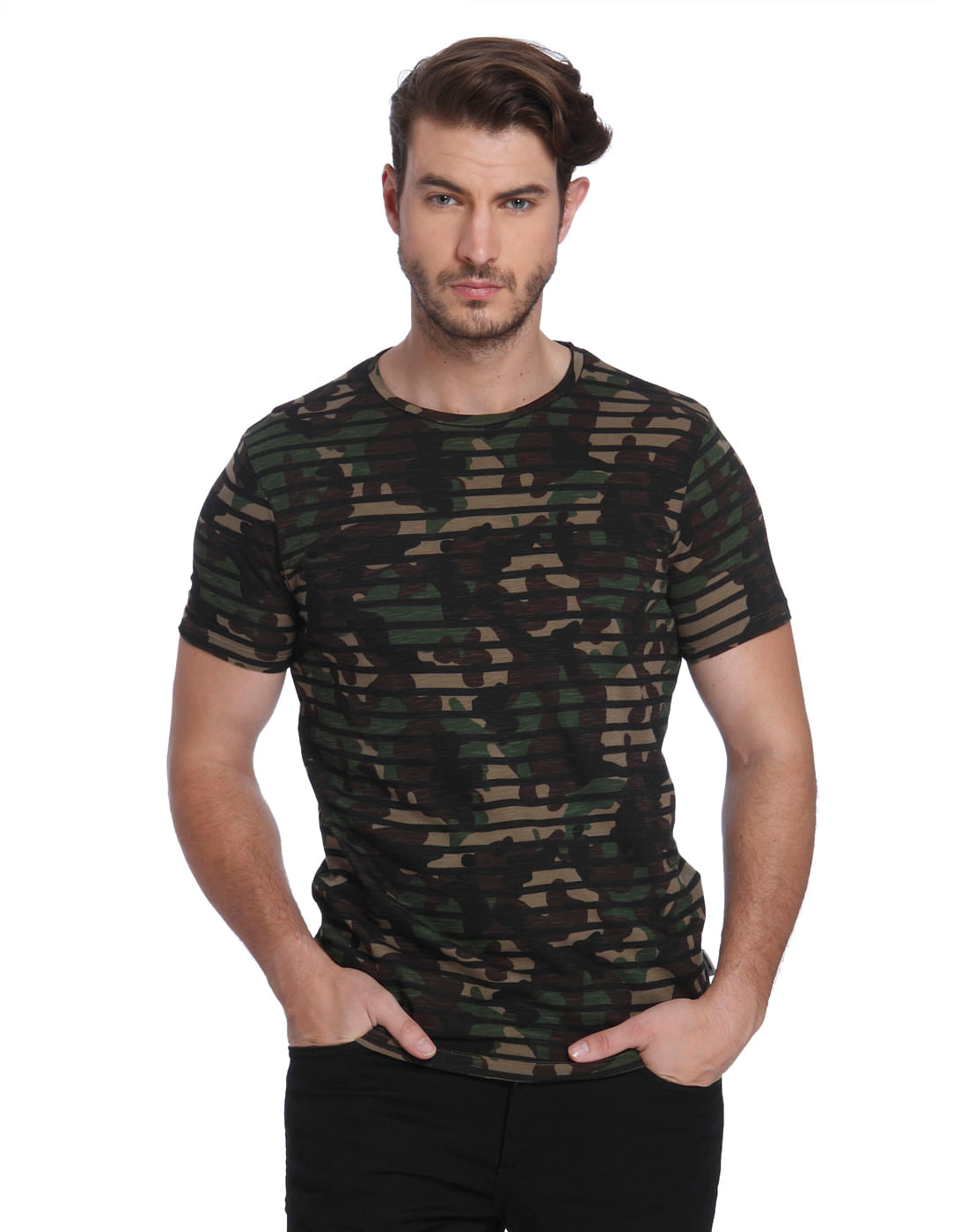Green Camo Print Striped Crew Neck T-Shirt - S
