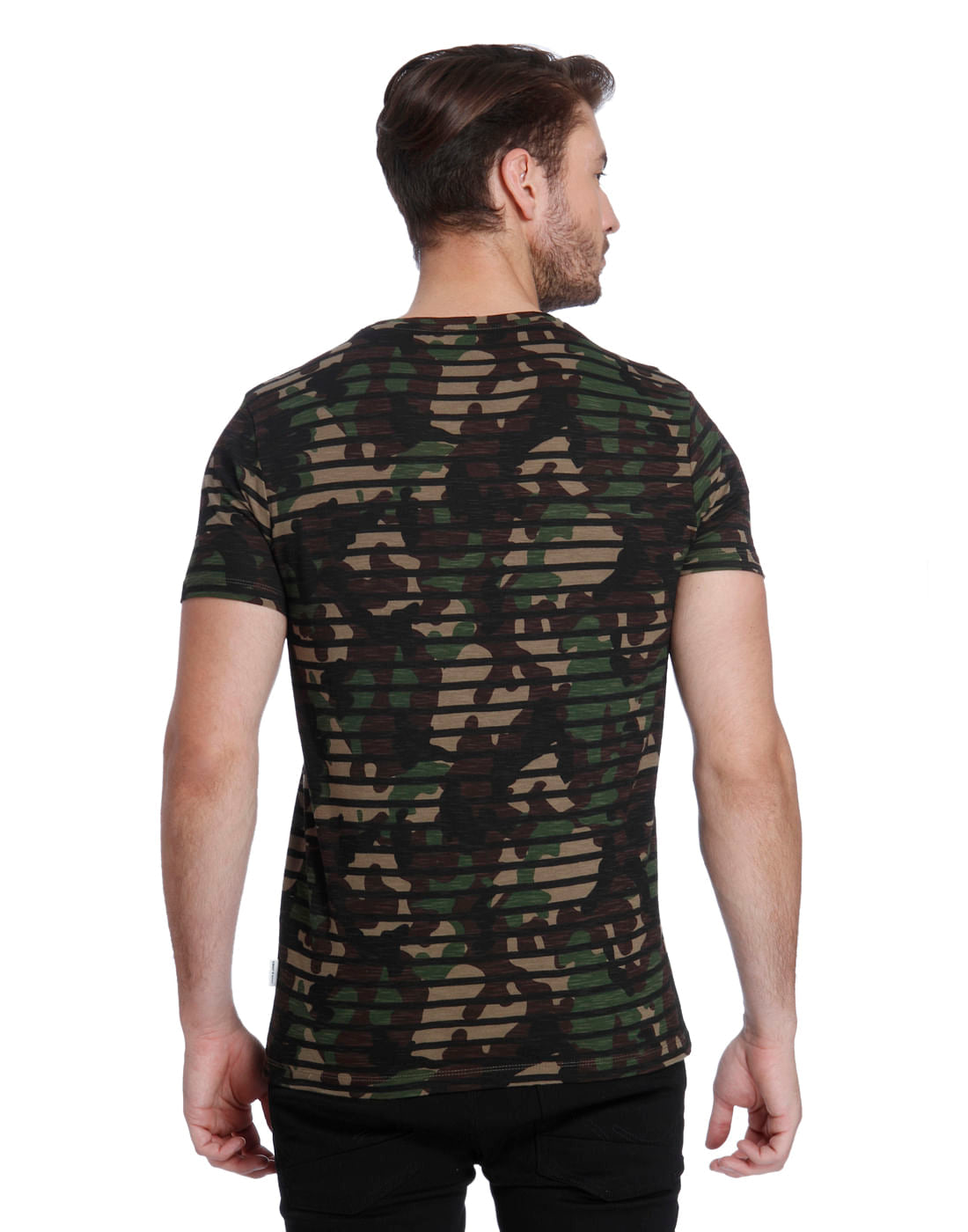 Green Camo Print Striped Crew Neck T-Shirt
