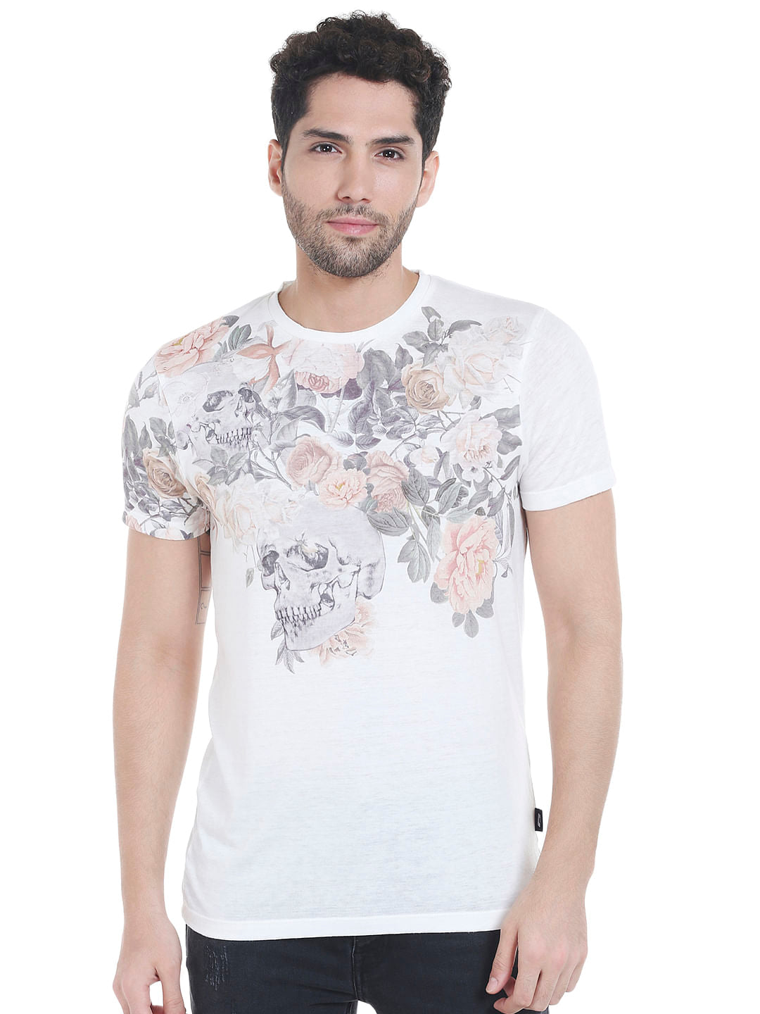 White Floral Print Crew Neck T-Shirt - S