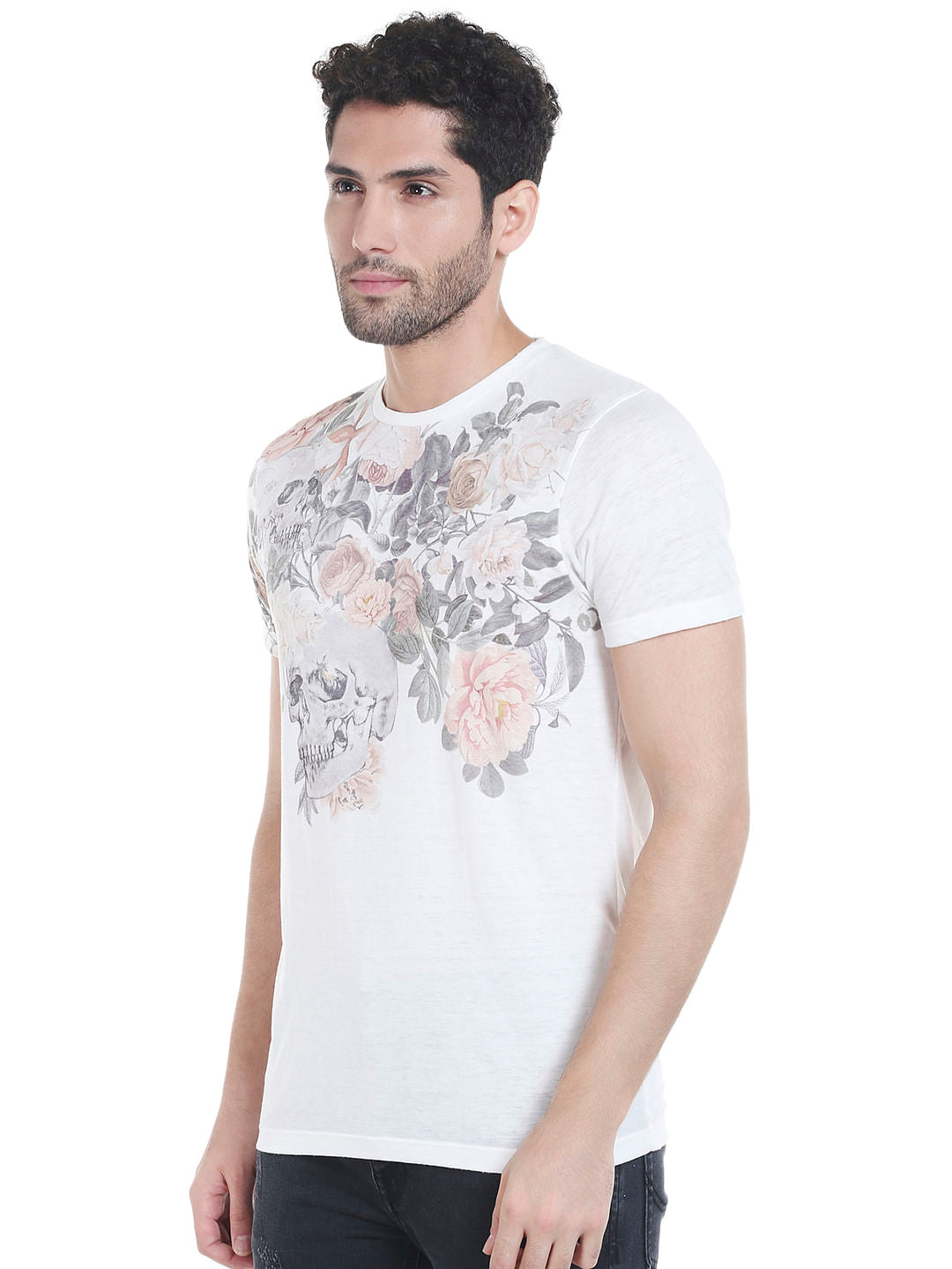 White Floral Print Crew Neck T-Shirt