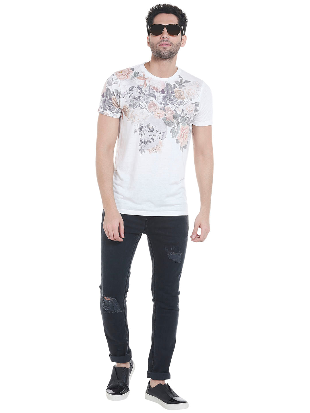 White Floral Print Crew Neck T-Shirt