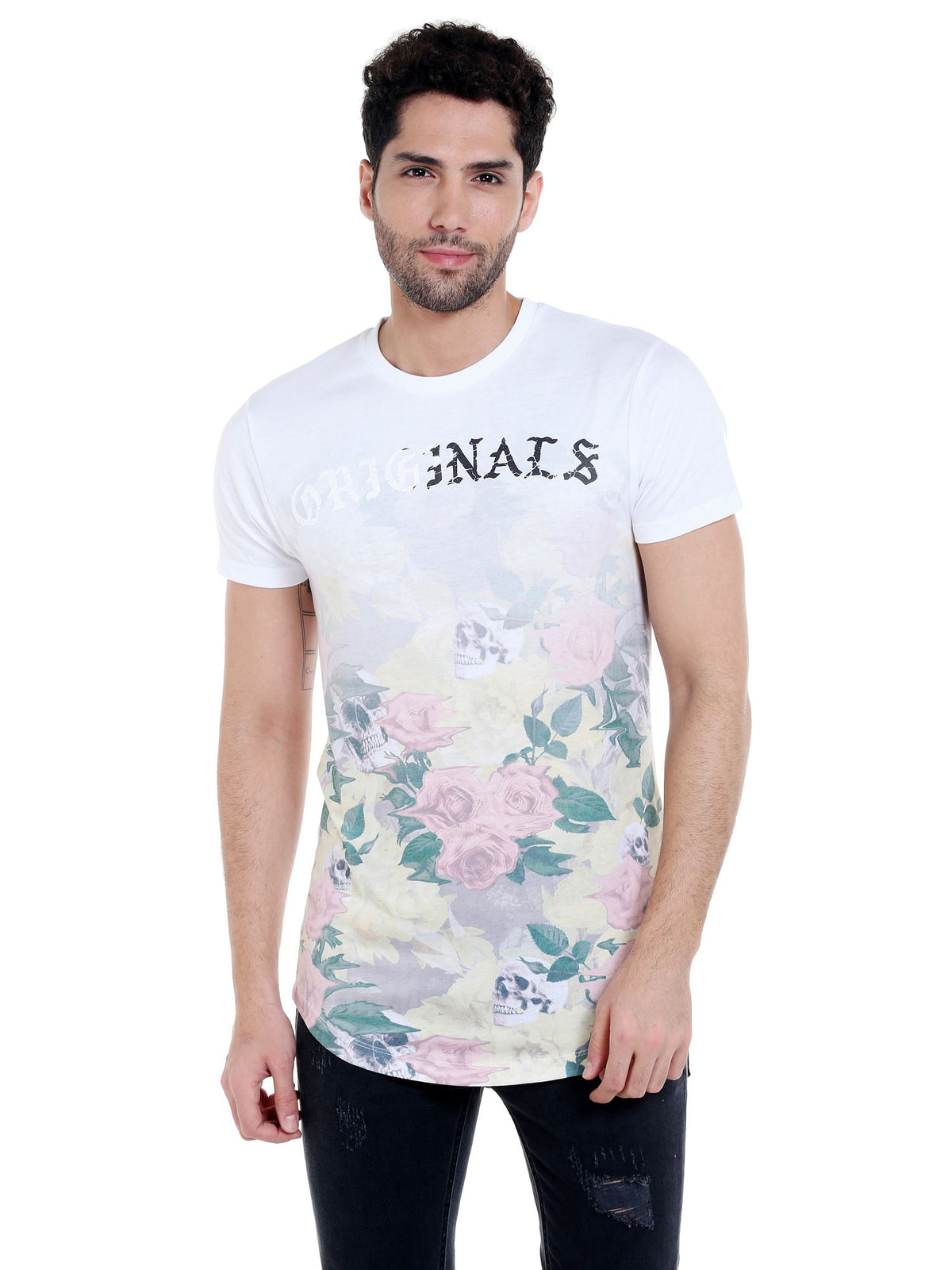White Floral Print Crew Neck T-Shirt - S