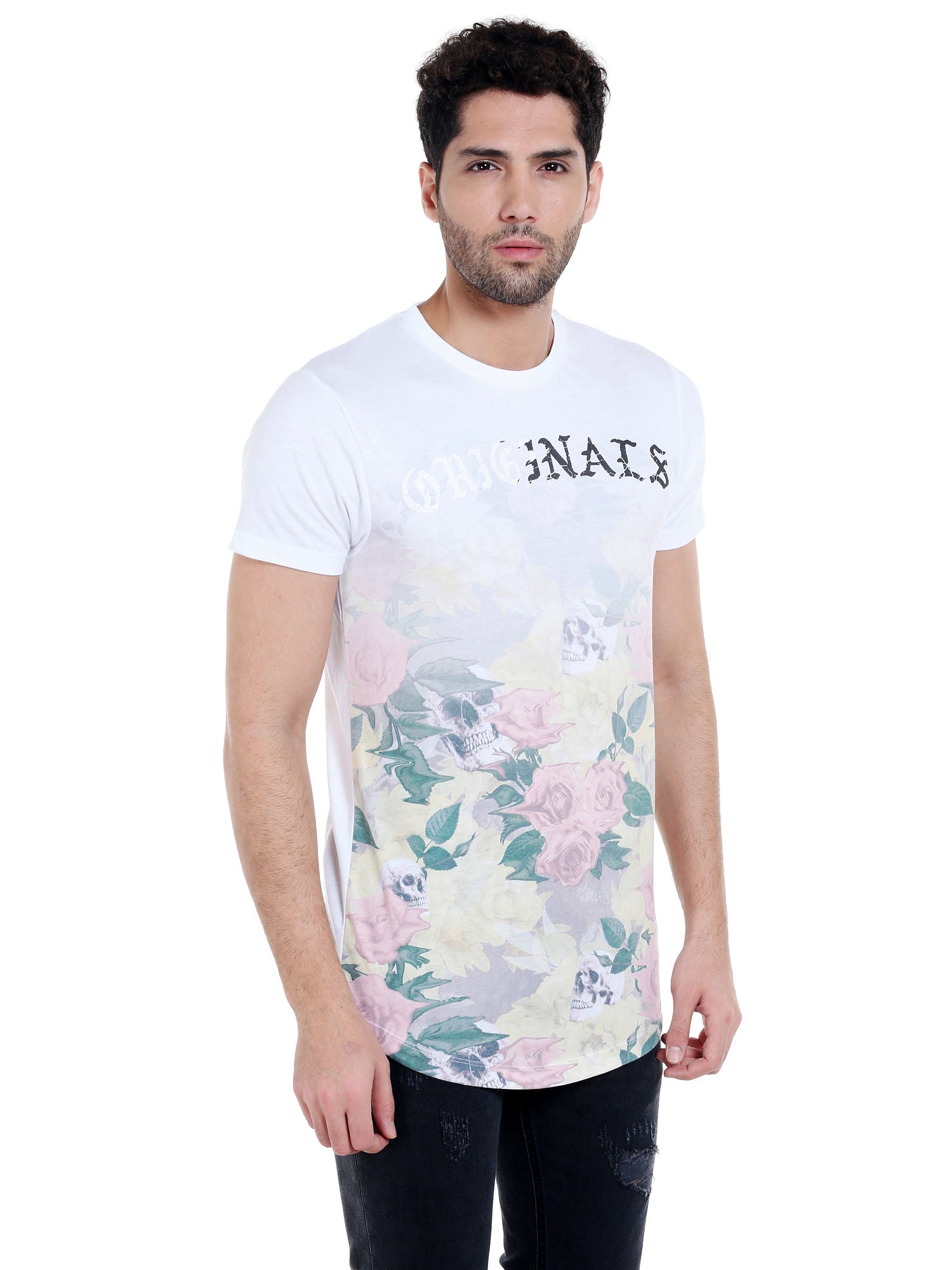 White Floral Print Crew Neck T-Shirt
