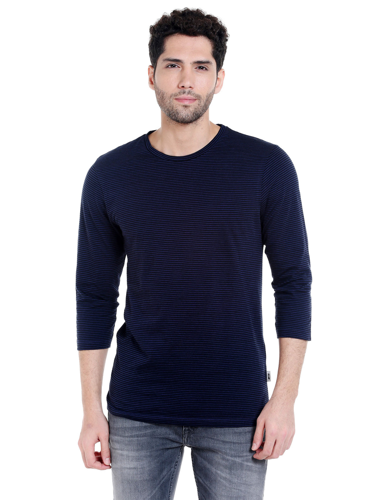 Dark Blue Striped Crew Neck T-Shirt - S