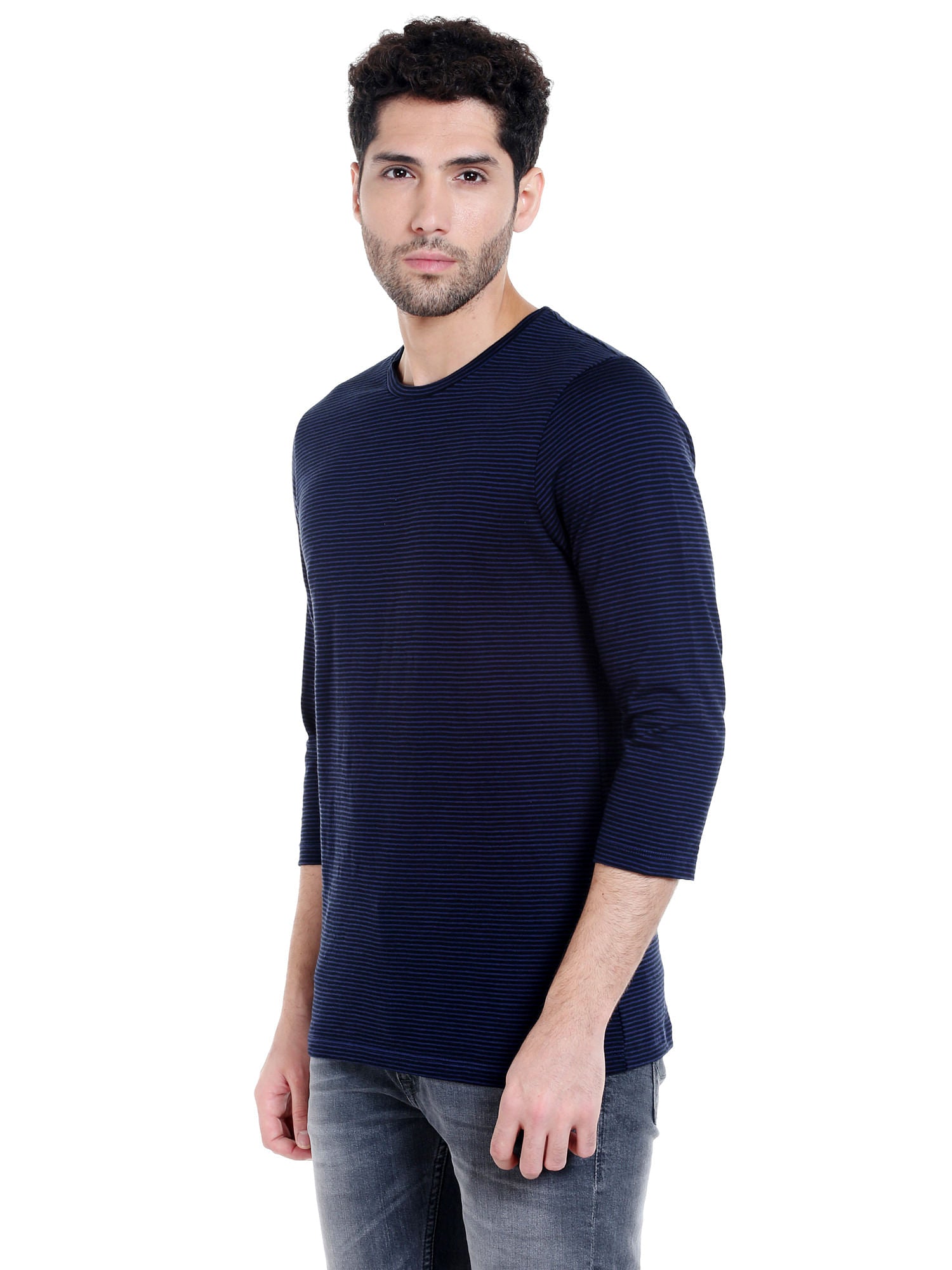 Dark Blue Striped Crew Neck T-Shirt