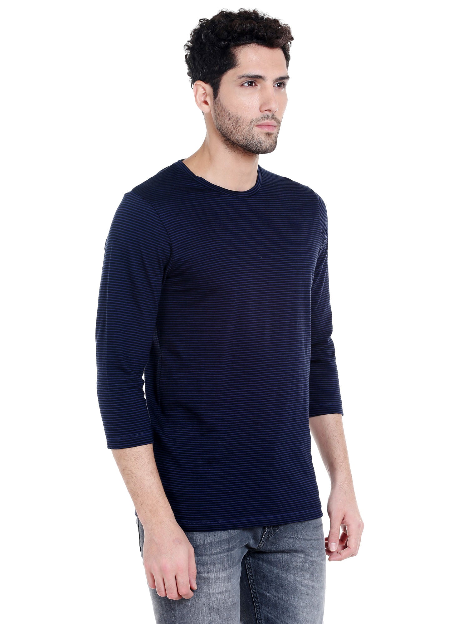 Dark Blue Striped Crew Neck T-Shirt