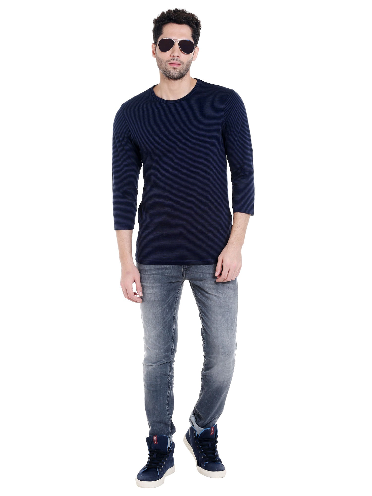 Dark Blue Striped Crew Neck T-Shirt