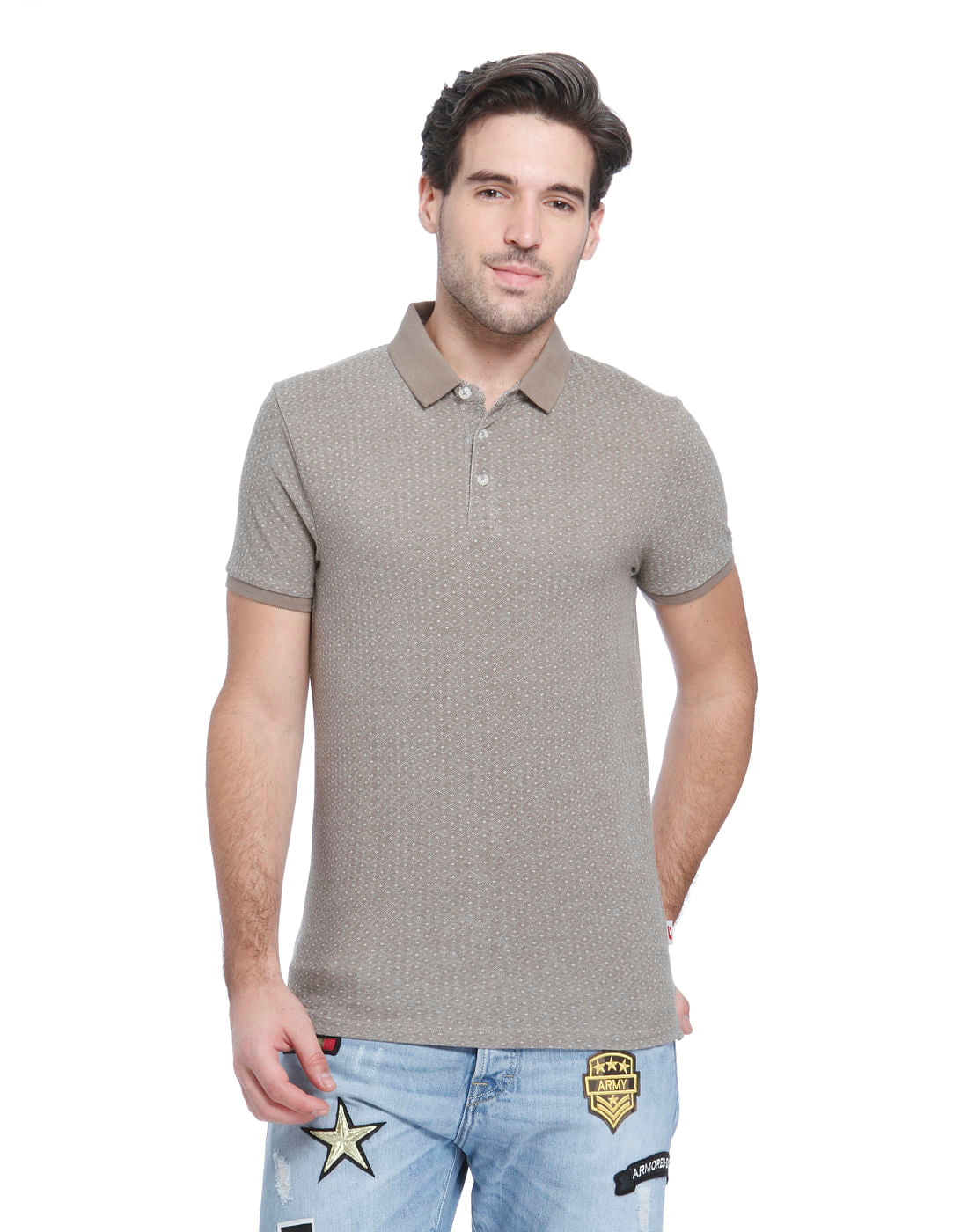 Grey Printed Polo T-Shirt - S