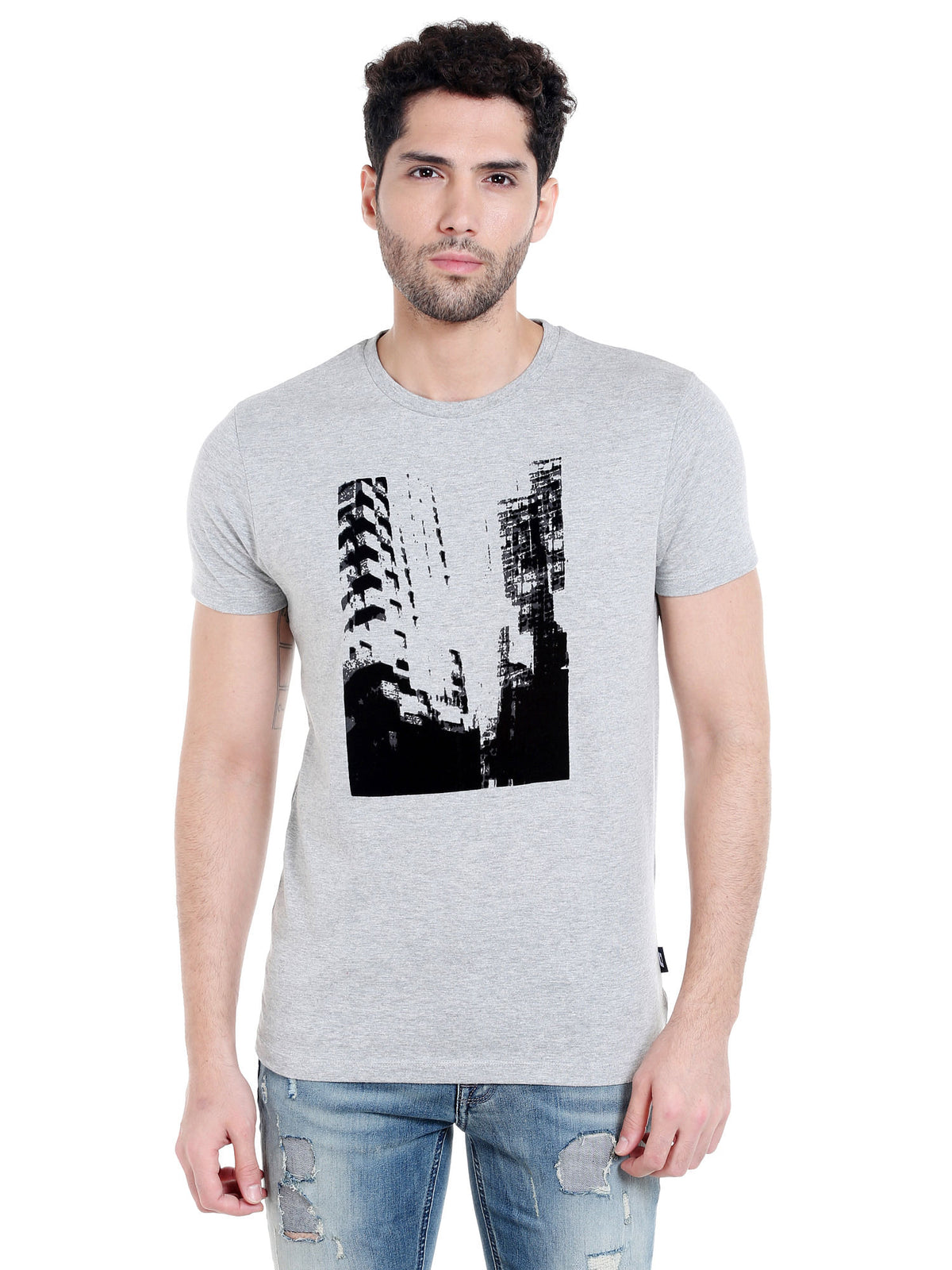 Light Grey Graphic Print Crew Neck T-Shirt - S