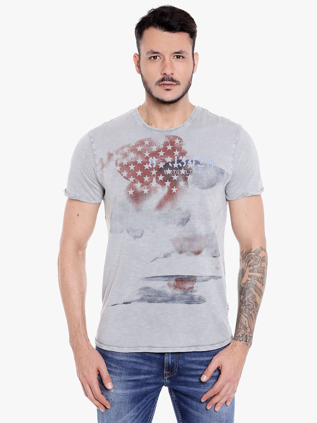 Light Grey Graphic Print Crew Neck T-Shirt - S
