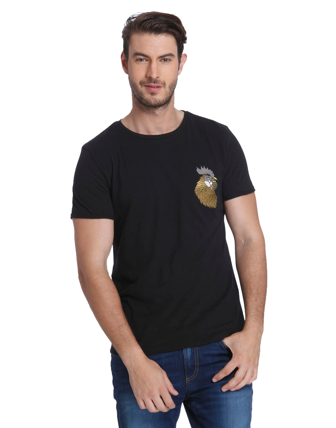 Black Embellished Crew Neck T-Shirt - S