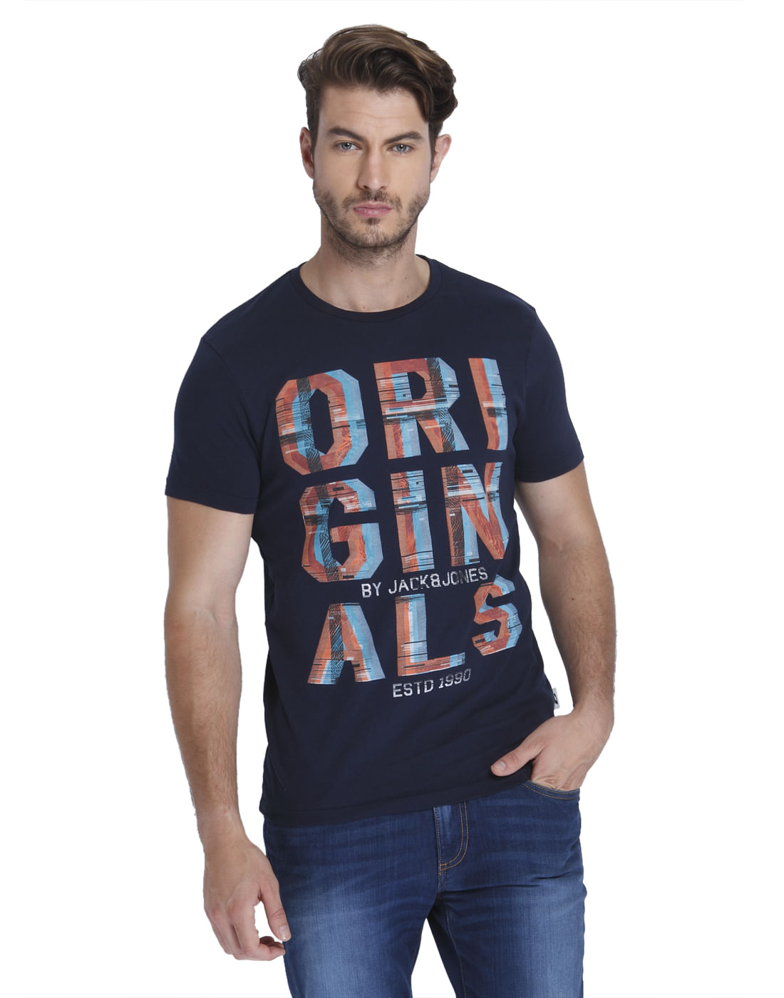 Dark Blue Graphic Print Crew Neck T-Shirt - S