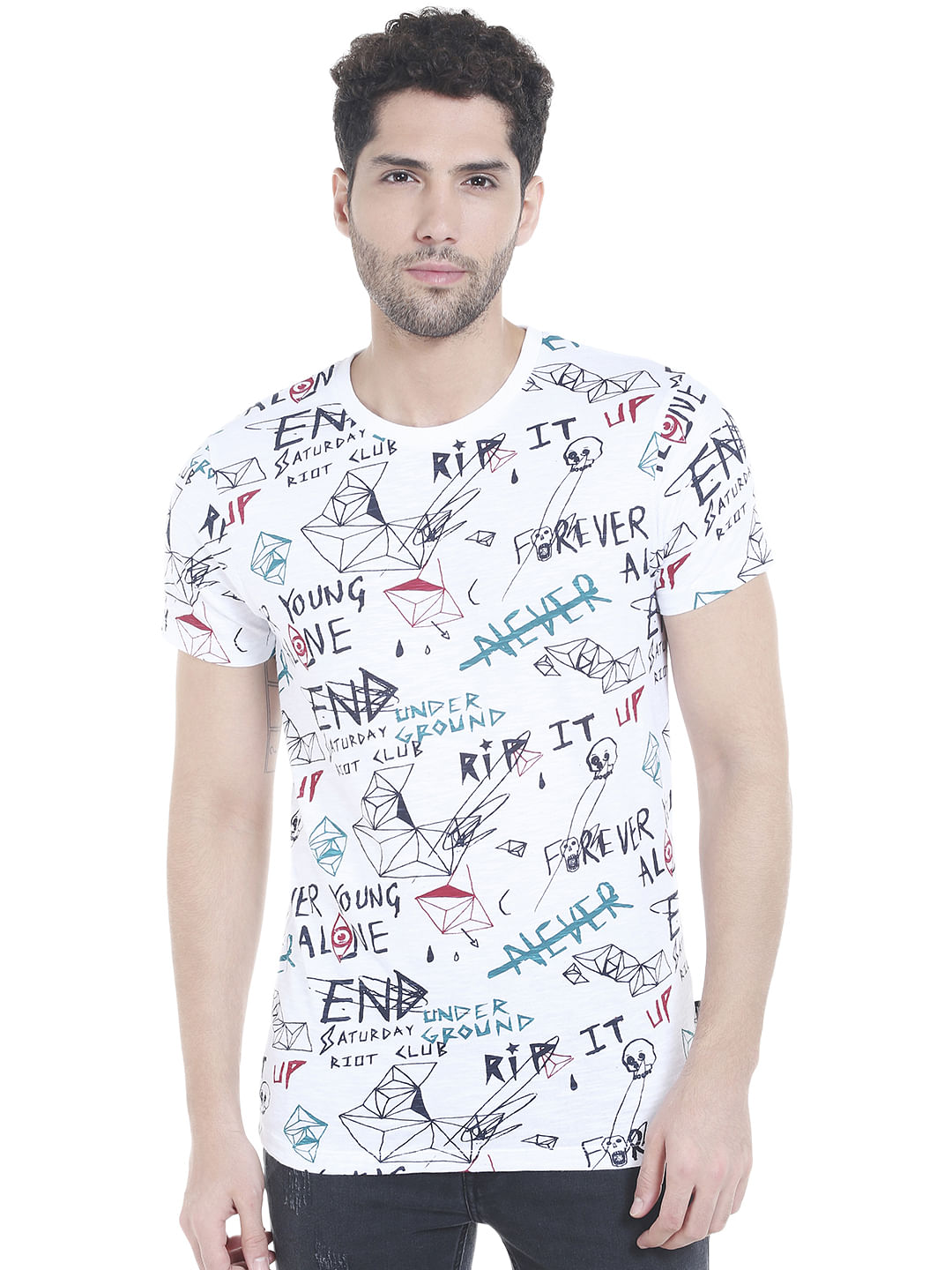 White Scribble Print Crew Neck T-Shirt - S