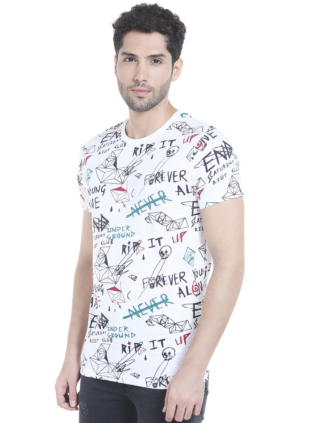 White Scribble Print Crew Neck T-Shirt