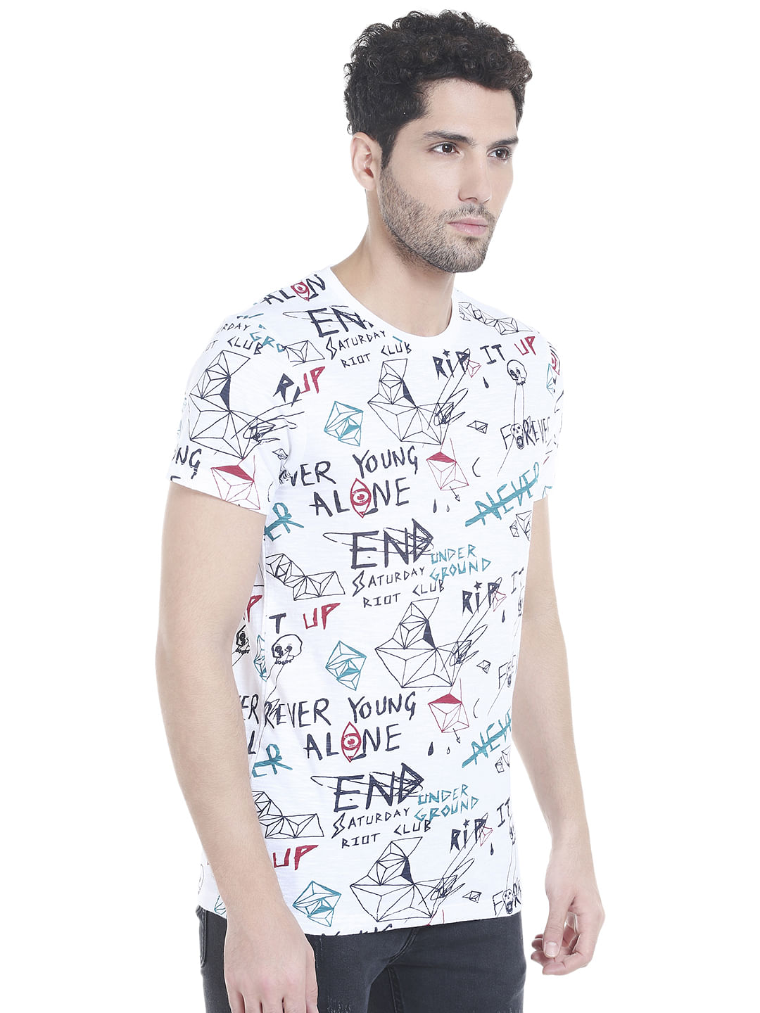 White Scribble Print Crew Neck T-Shirt