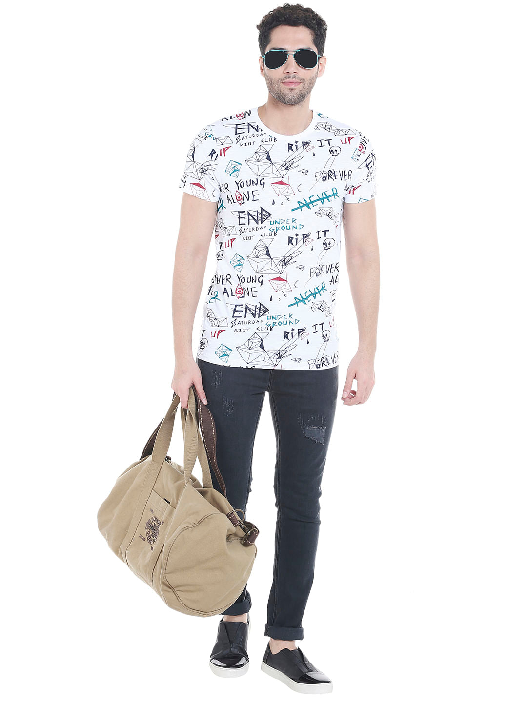 White Scribble Print Crew Neck T-Shirt