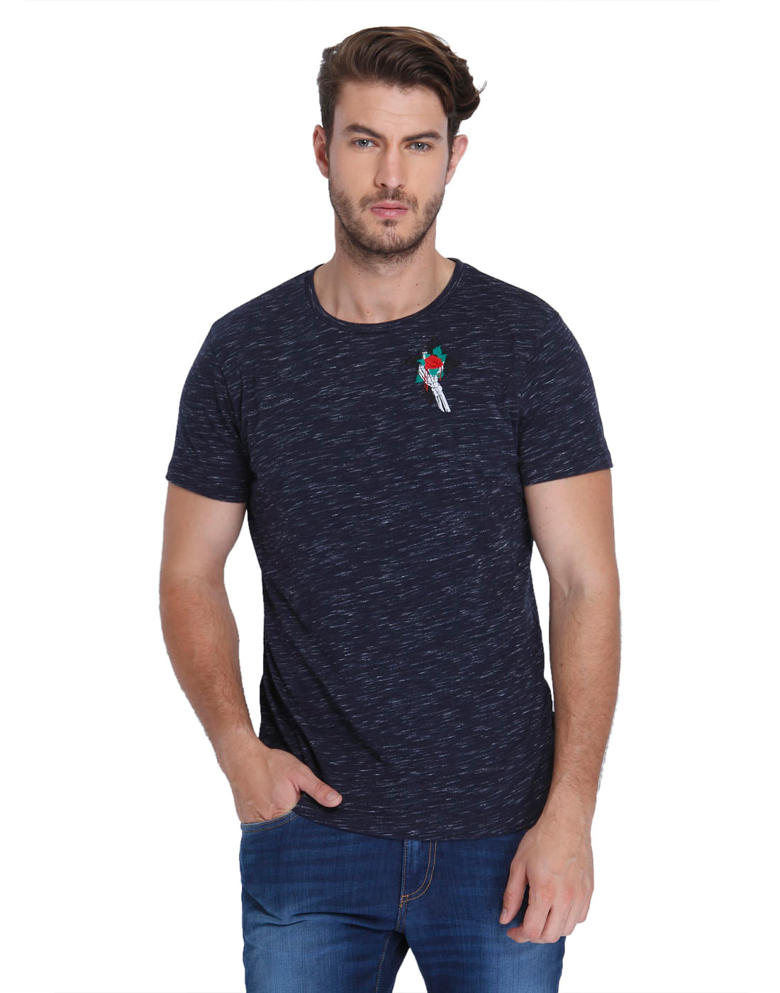 Dark Blue Rose Print Crew Neck T-Shirt - S