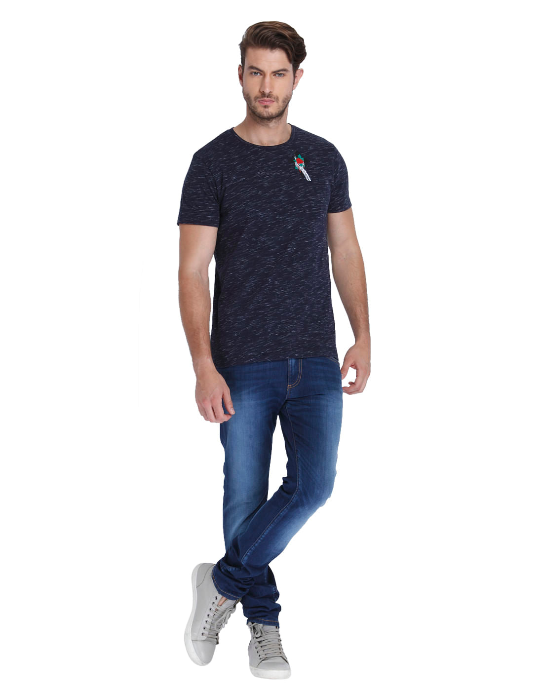 Dark Blue Rose Print Crew Neck T-Shirt