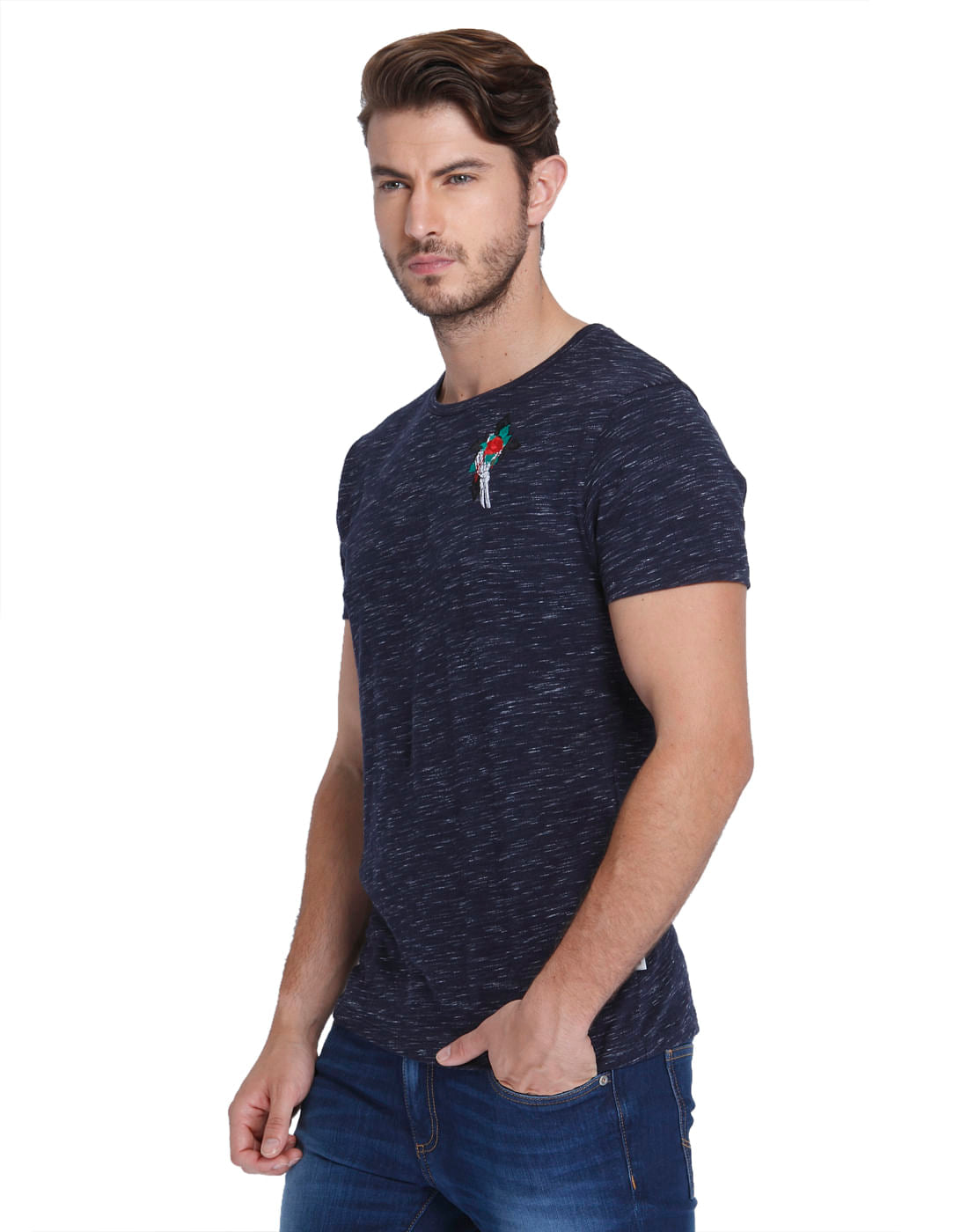 Dark Blue Rose Print Crew Neck T-Shirt
