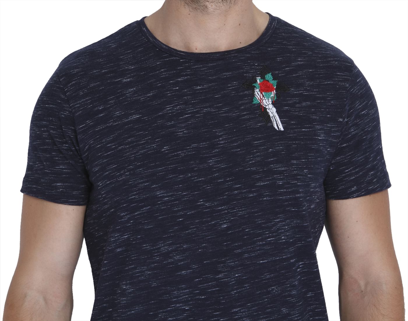 Dark Blue Rose Print Crew Neck T-Shirt