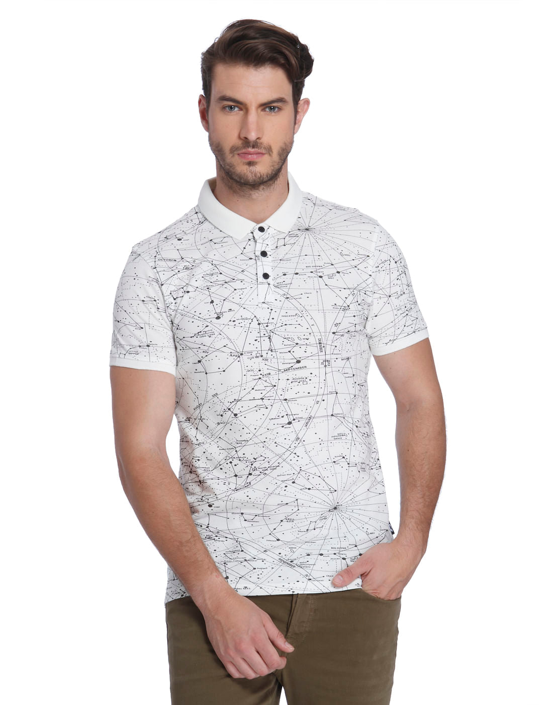 White Astronomical Print Polo T-Shirt - S