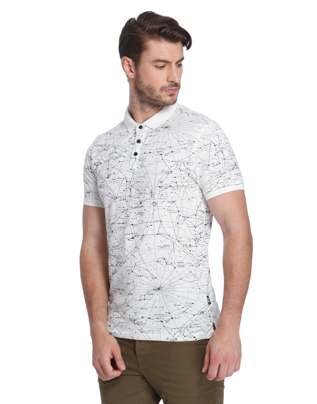White Astronomical Print Polo T-Shirt