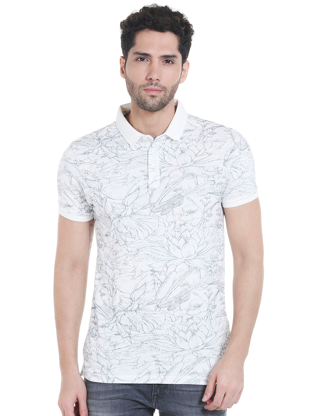 White All Over Print Polo T-Shirt - S