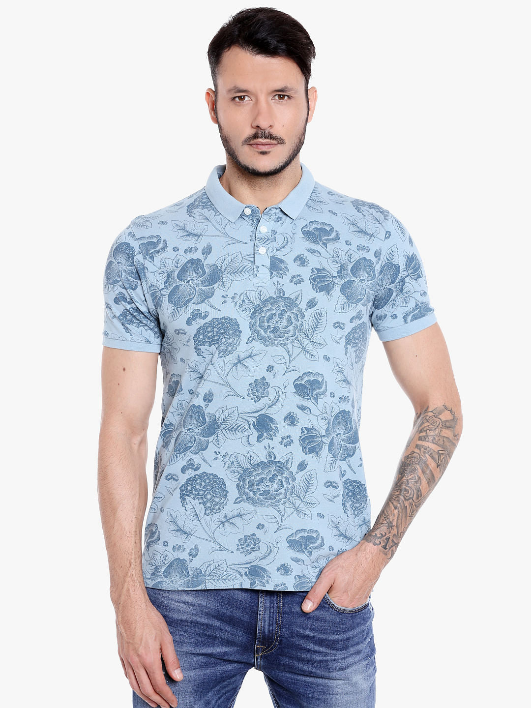 Blue Floral Print Polo T-Shirt - S