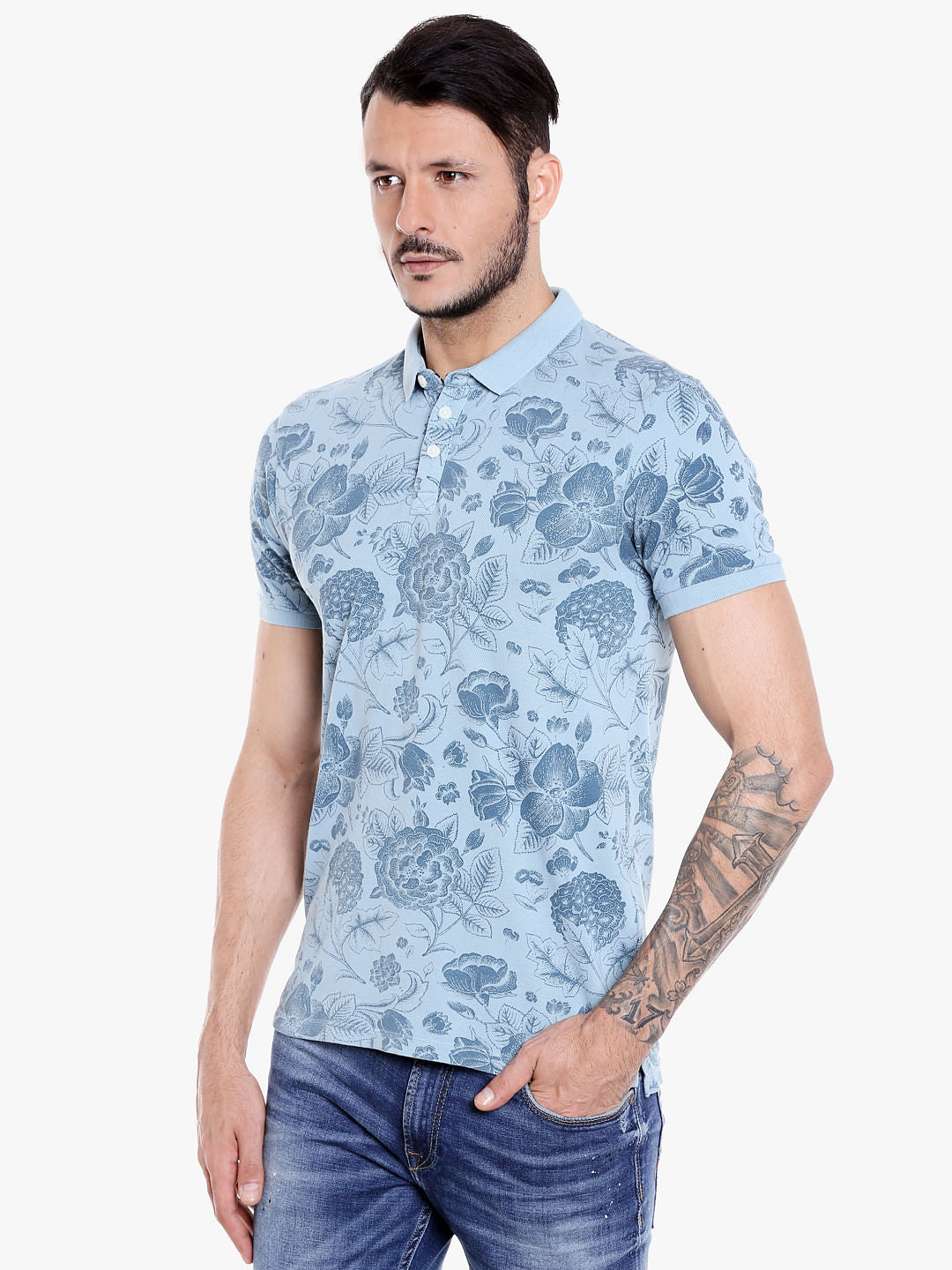 Blue Floral Print Polo T-Shirt