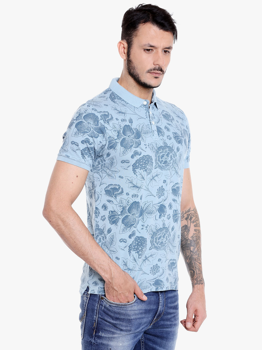 Blue Floral Print Polo T-Shirt