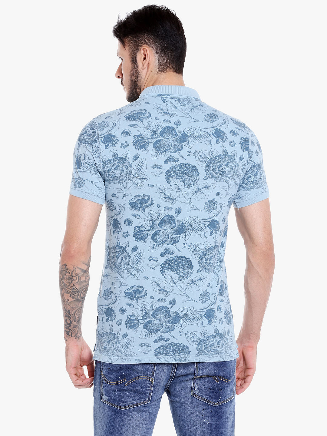 Blue Floral Print Polo T-Shirt