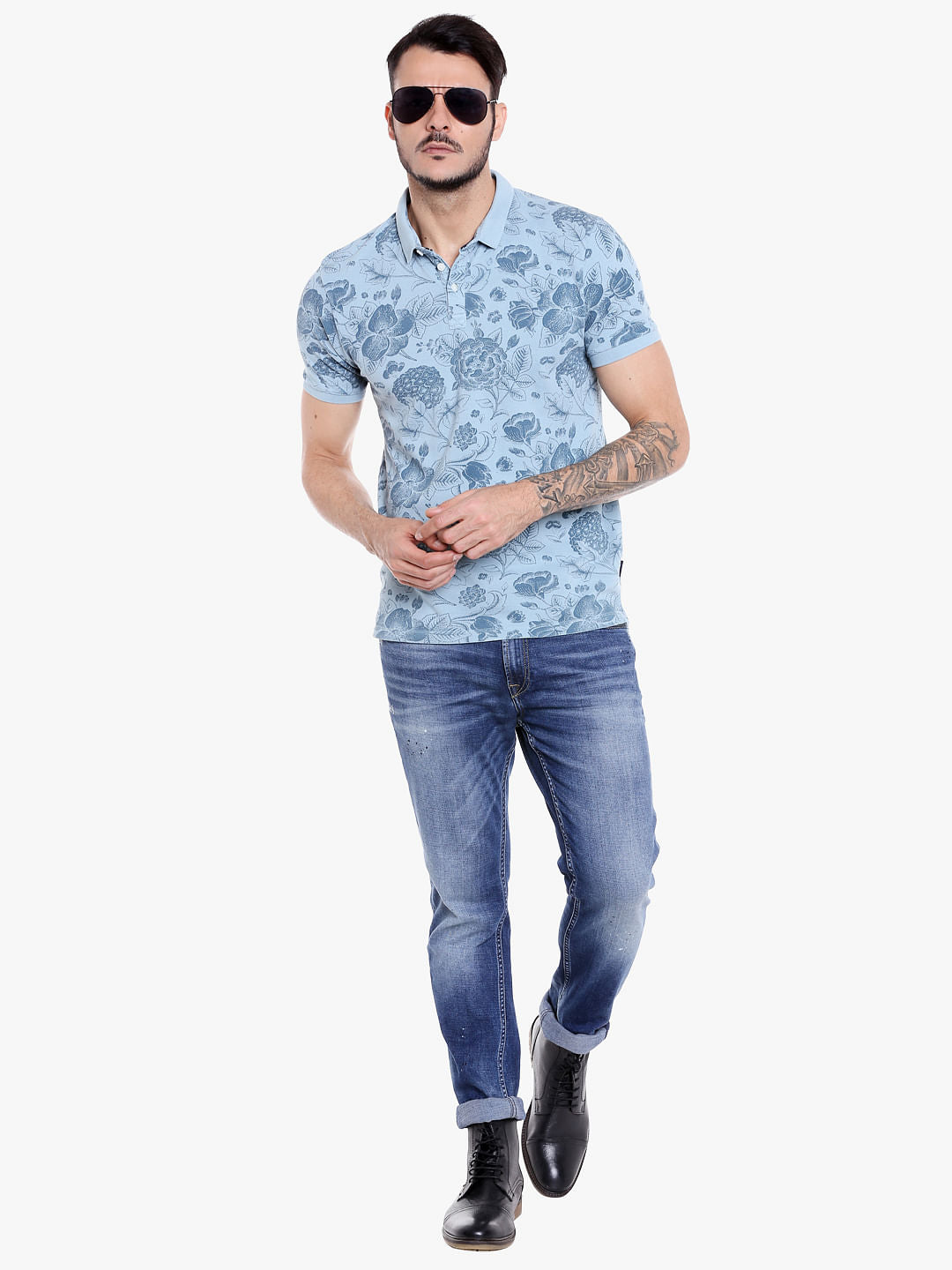 Blue Floral Print Polo T-Shirt