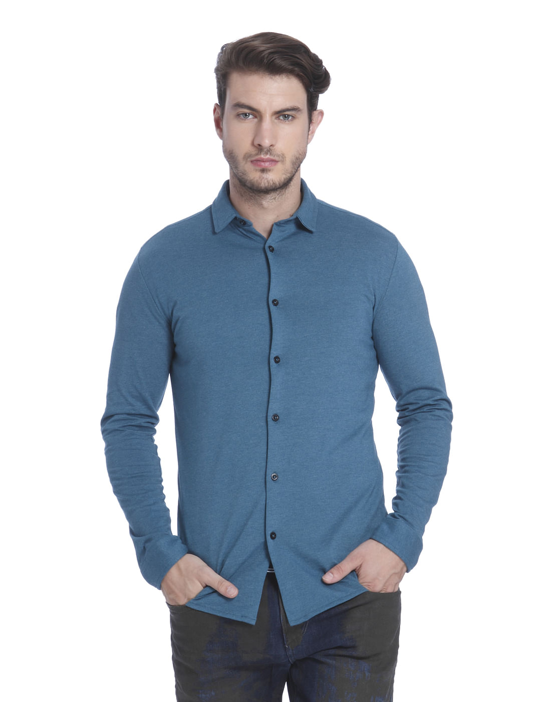Teal Blue Jersey Slim Fit Shirt - S