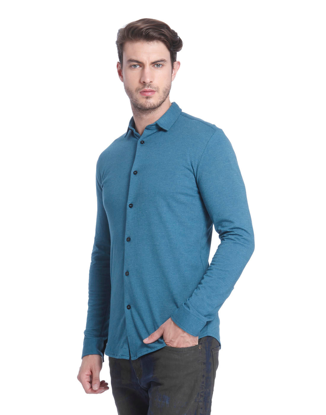 Teal Blue Jersey Slim Fit Shirt