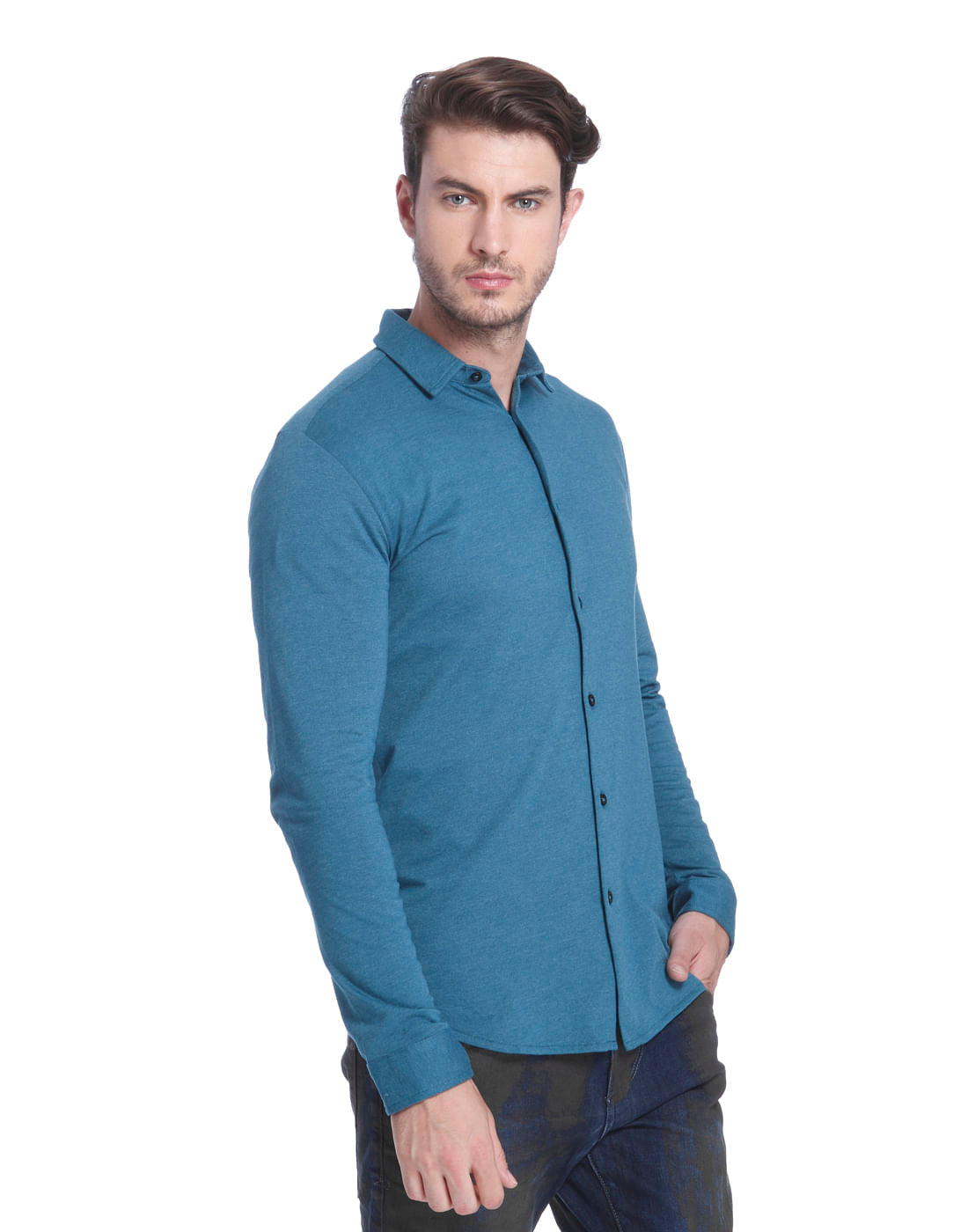Teal Blue Jersey Slim Fit Shirt