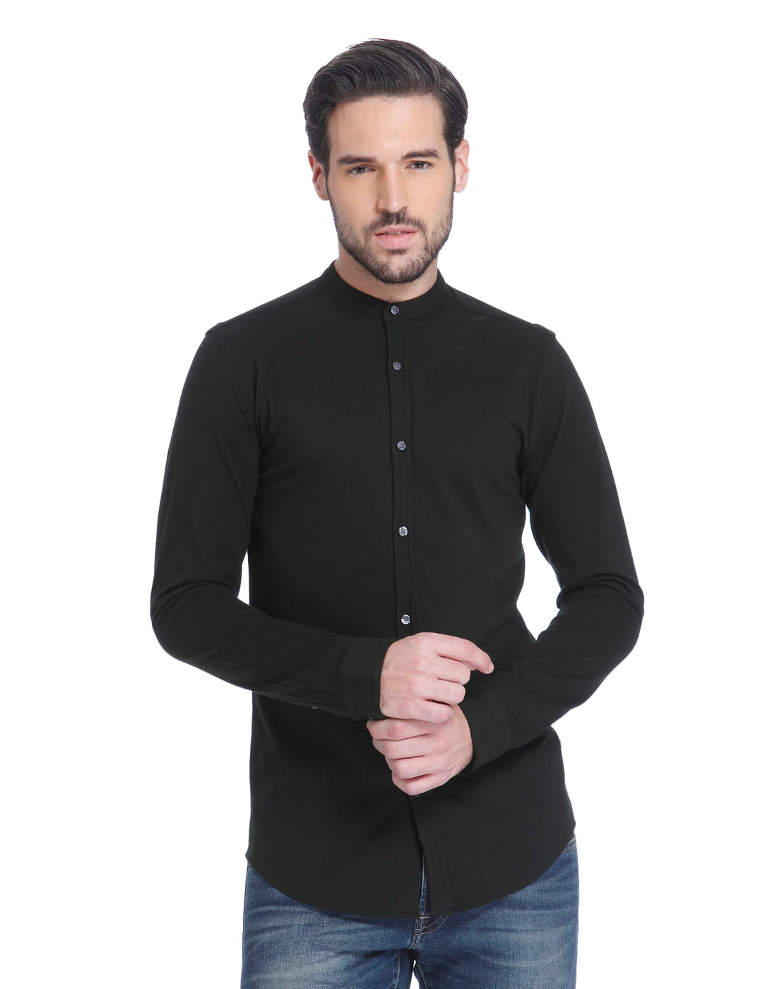 Black Mandarin Collar Slim Fit Shirt