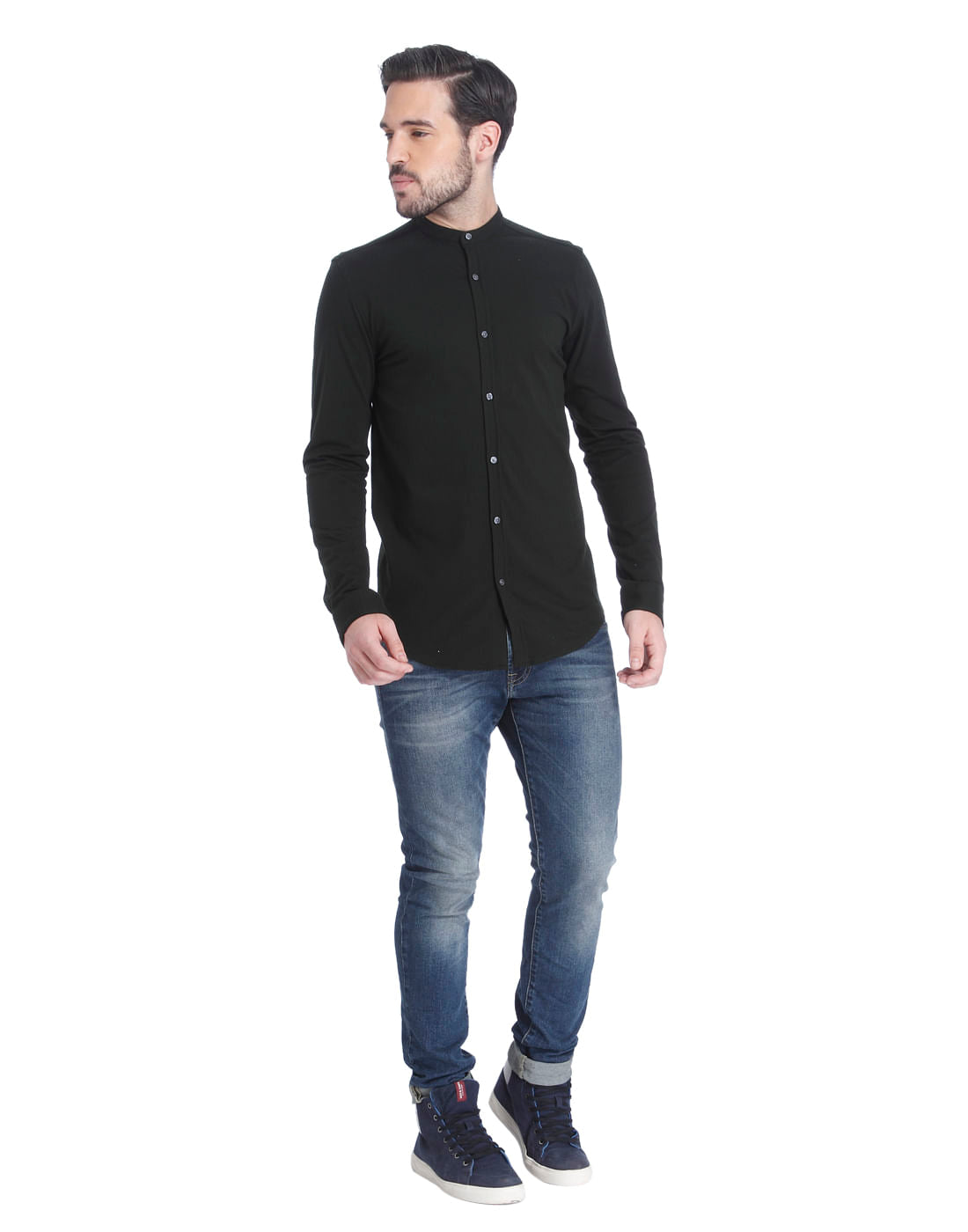 Black Mandarin Collar Slim Fit Shirt