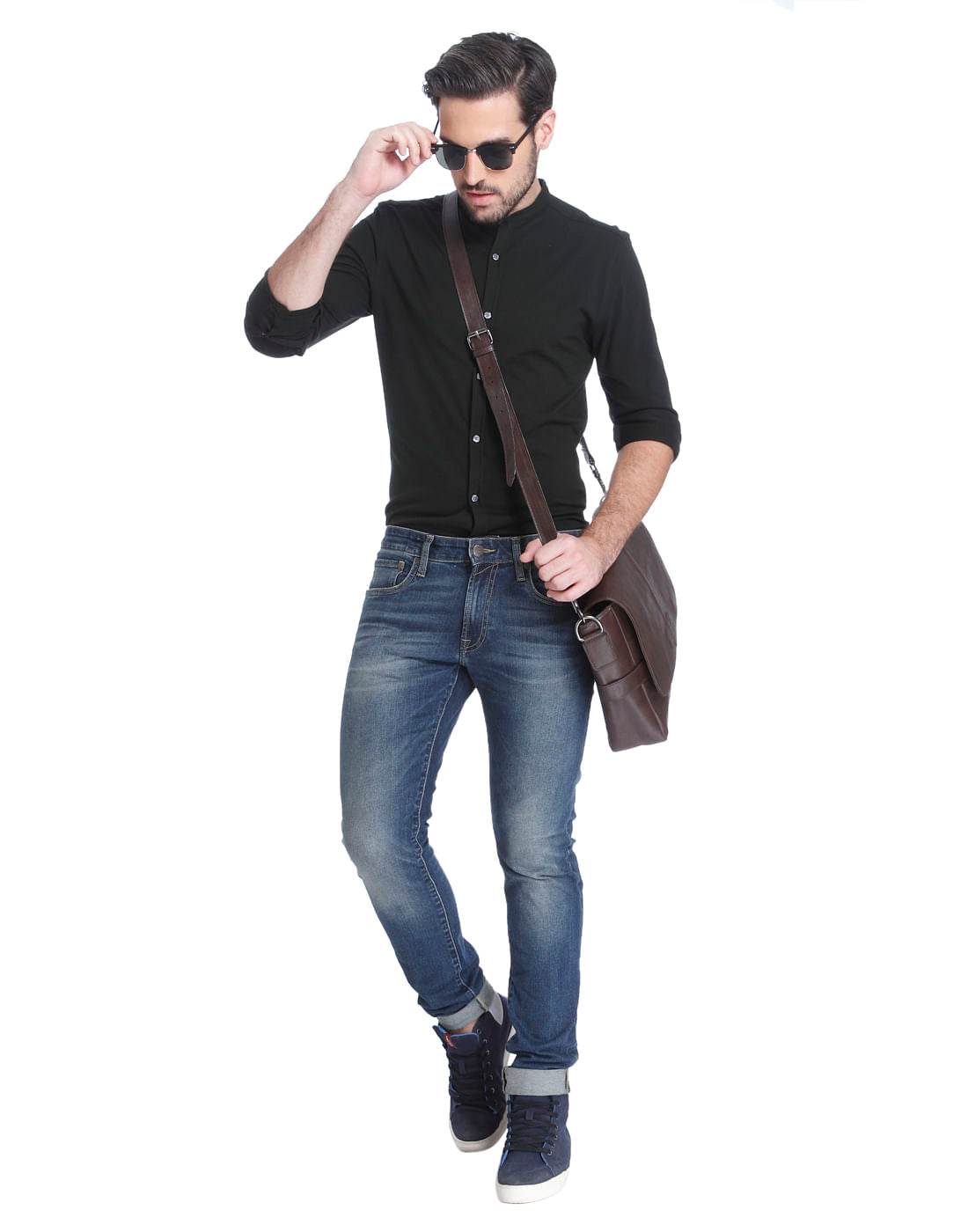 Black Mandarin Collar Slim Fit Shirt
